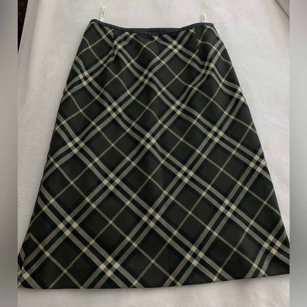 Burberry London Green/Black/Neutral  Plaid A-Line Skirt